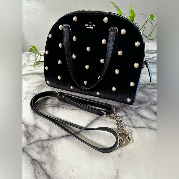 Kate spade LEATHER bowling bag tote with real pearls and crushed velvet - Picture 2 of 11